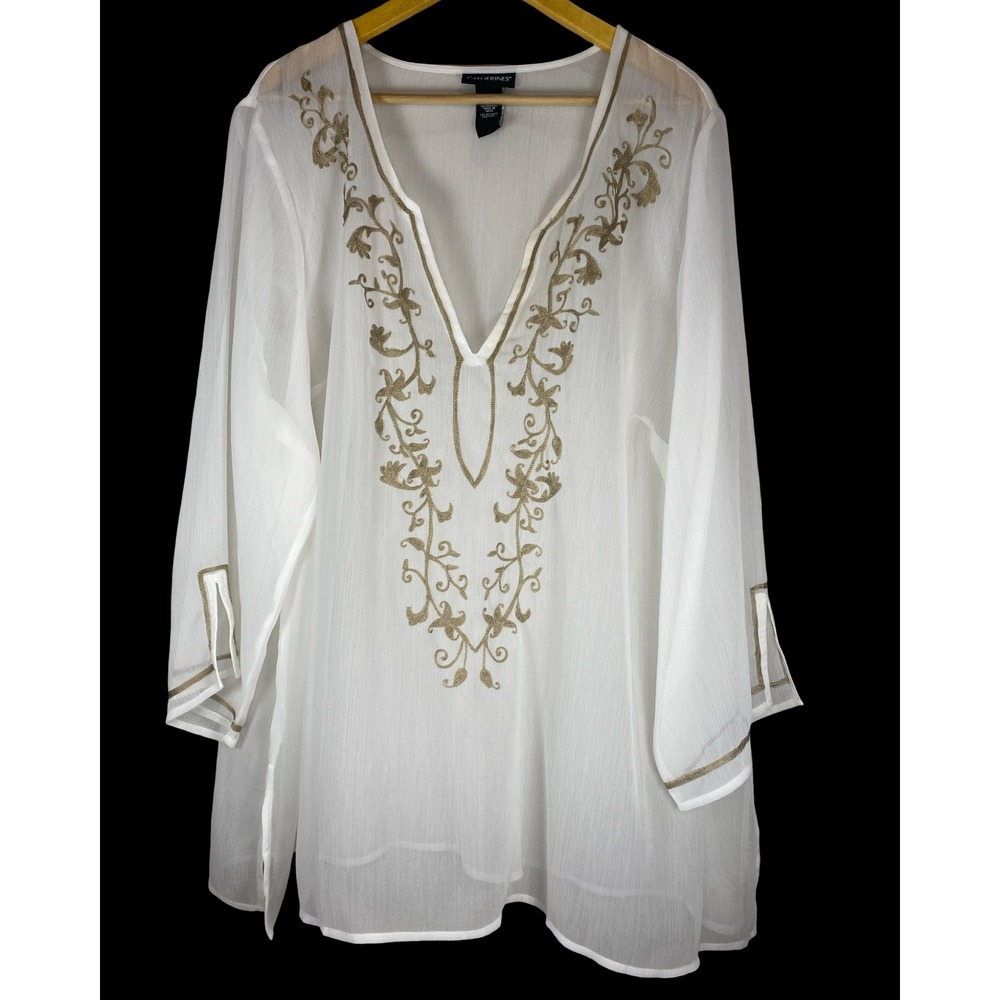 Catherines White Gold Embroidered V-Neck Chiffon Tunic Top Plus Size 2X Boho